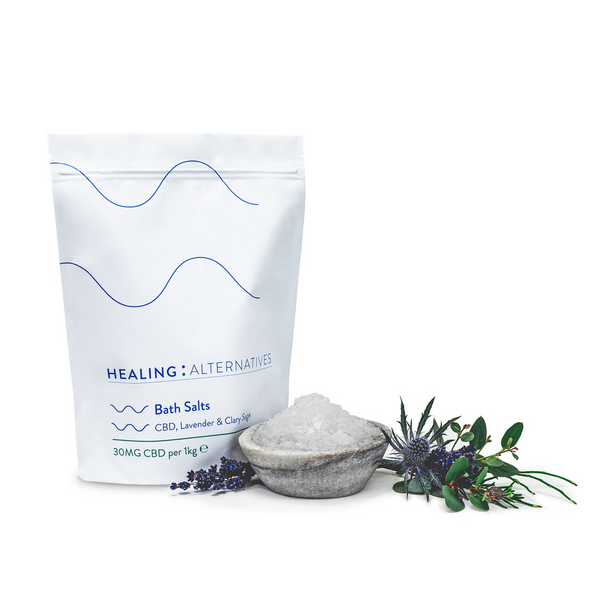 Natural Dead Sea mineral salts with added CBD and other sleepy ingredients, Lavender and Clary Sage | Sleep better, feel better | CBD bath salts | Healing Alternatives