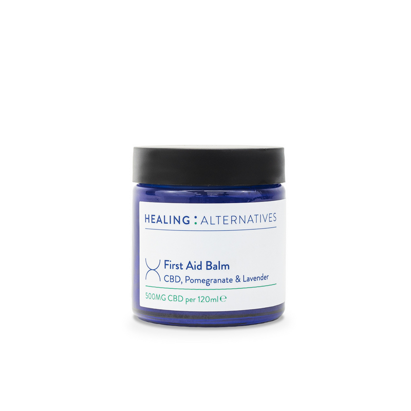 Healing Alternatives | First Aid Balm - Natural First Aid Balm with CBD, Pomegranate and Lavender oils to heal and soothe cuts and grazes naturally.